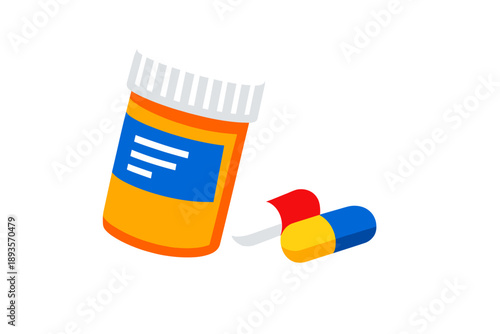 Colorful bottle of medicine with two pills next to it on a simple background