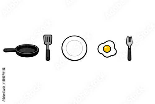 Cooking breakfast with a pan, spatula, plate, egg, and fork in a home kitchen setting during the morning hours