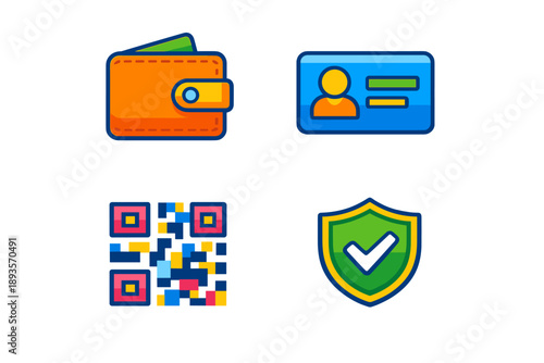 Wallet, ID, QR code, and security shield are shown in a simple layout, highlighting important tools for daily tasks and security measures