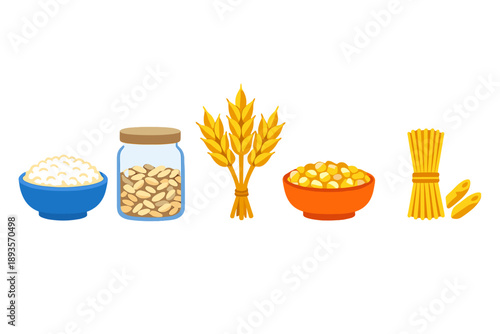 Different types of grains and cereals arranged on a white background with various containers and bowls holding them together