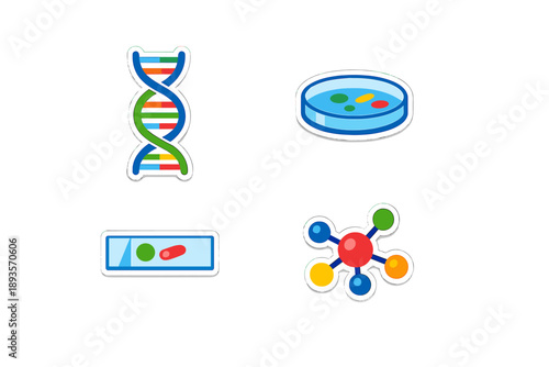 Various scientific symbols showing DNA, petri dish, slide and molecule display educational content related to biology and chemistry