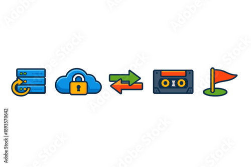 Data transfer process using a server, cloud storage, cassette tape, and flag symbolized by icons in a simple design, showcasing technology concepts without text