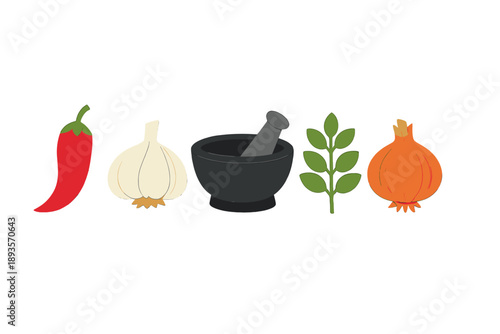 Ingredients and tools for cooking displayed on a simple background in a kitchen setting showing a red chili, garlic, mortar and pestle, herb, and onion