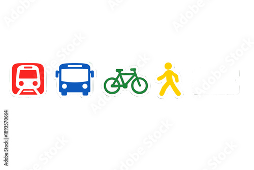 Signs showing different modes of transport including train, bus, bicycle, and pedestrian in a simple arrangement on a white background