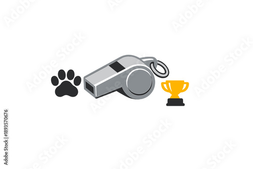 Whistle, paw print, and trophy represent sports and training in animal activities during a competition