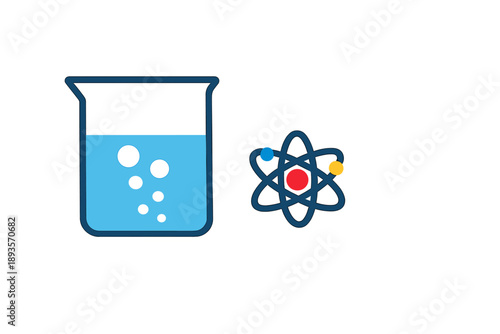 Chemistry lab shows a beaker with blue liquid and an atom symbol representing scientific study and research in a laboratory setting