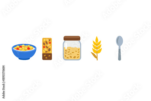 Breakfast scene with cereal, granola bar, jar of oats, wheat stalk, and spoon on a plain background highlighting morning meal choices