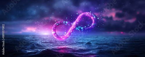 A glowing infinity symbol emerges from a serene ocean, surrounded by a mystical, colorful atmosphere that hints at endless possibilities.