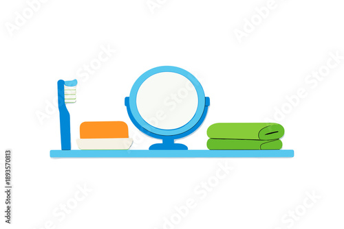 Bright bathroom shelf with toothbrush, soap, mirror, and towels arranged neatly during morning routine