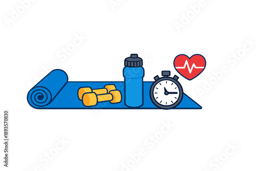 Workout equipment on a yoga mat with dumbbells, a water bottle, a stopwatch, and a heart rate symbol during a fitness session