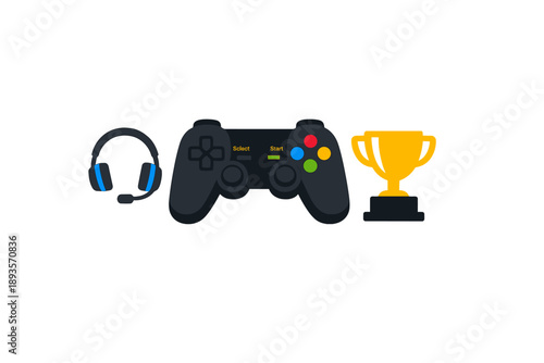 Gaming equipment and trophy on a flat surface for an online gaming competition during evening hours