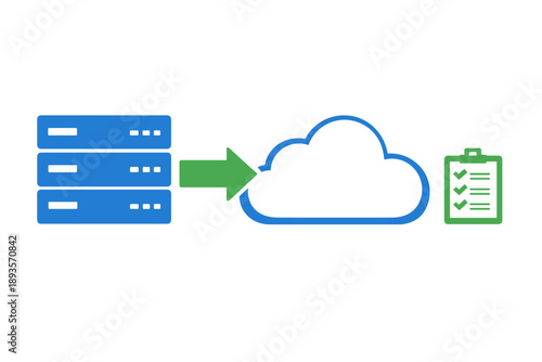 Data transfer from local servers to cloud storage with checklist for ensuring successful migration on clear background