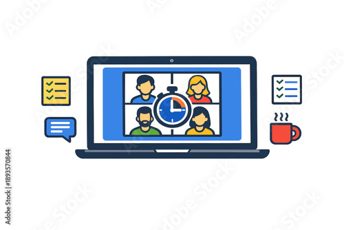 Group meeting on a laptop screen with timer and notes beside it showing participants in a virtual discussion taking place online