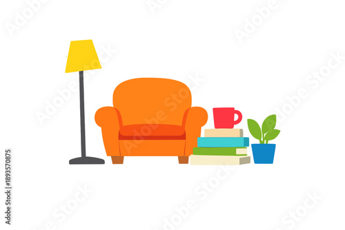 Cozy corner with a bright orange chair, lamp, and potted plant during afternoon light in a simple home setting
