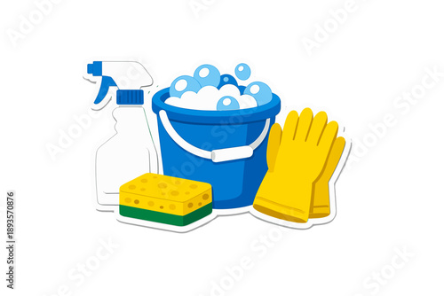 Cleaning supplies for a household task with a bucket, gloves, sponge, and spray bottle on a plain background