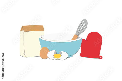 Creating a simple recipe with a blue bowl, eggs, flour, and a whisk for a baking activity in the kitchen