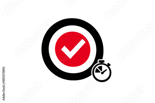 Red check mark inside a black and red target with a stopwatch shows time management and task completion in a business setting focused on efficiency and productivity