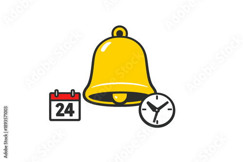 Calendar reminder with a yellow bell, clock, and date highlighted on a red calendar, representing upcoming events on the 24th, suitable for planning and organization