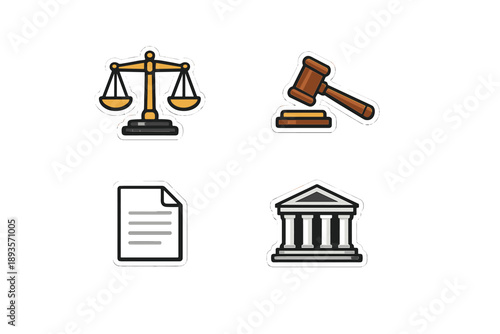 Icons representing law and justice, including scales, a gavel, a legal document, and a courthouse building