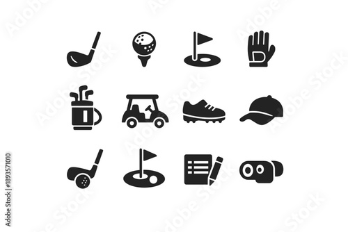 Collection of golf icons representing various equipment and elements of the sport
