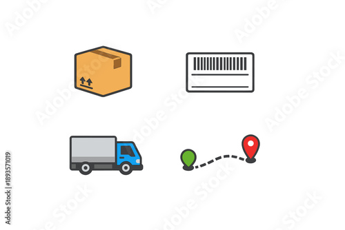 Deliveries involve packages, tracking numbers, vehicles, and routes showing the movement from origin to destination in logistics operations