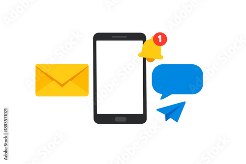 Smartphone shows notification with message and envelope symbol, indicating new message received, modern digital communication technology