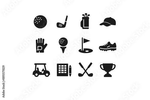 Collection of golf icons representing equipment, course elements, and achievements
