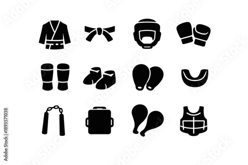 Collection of martial arts and combat sports equipment icons on a white background