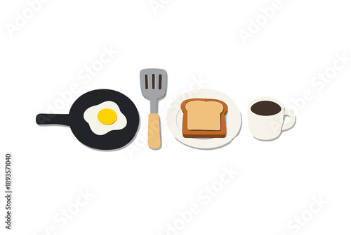 Breakfast preparation with egg, toast, and coffee on a simple table setting at morning time
