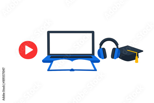 Online learning setup with a laptop, headphones, an open book, a graduation cap, and a play button symbol for video content