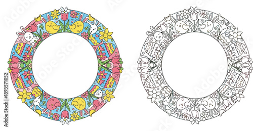 Cute Easter wreath frame with bunnies, chicks, and decorated eggs. Vector illustration set featuring colorful design and black and white outline for coloring book page or spring greeting card.