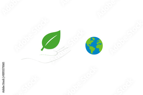 Symbol of care for the planet with a green leaf in a hand next to a globe representing Earth and environmental awareness