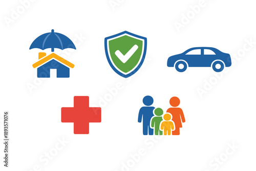 Understanding different types of insurance symbols for home, health, auto, and family coverage displayed clearly in various colors