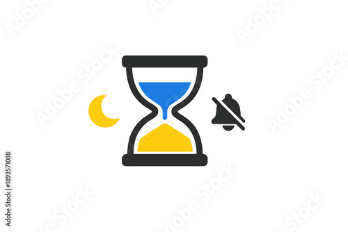 Hourglass shows blue and yellow sand with a moon and bell icon nearby