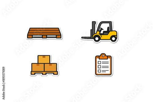 Forklift and pallet in a warehouse setting with boxes and a checklist for inventory management in a busy storage area