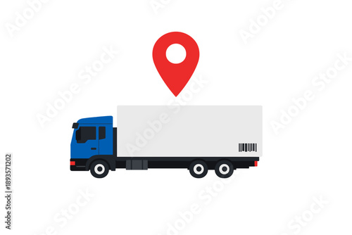 Truck transports goods while showing a location marker in a simple design aimed at illustrating delivery services or logistics