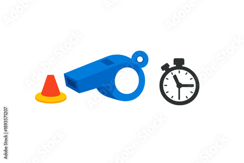 Sports equipment includes blue whistle, orange cone, and black stopwatch placed together on a white background at a training session for coaches and athletes