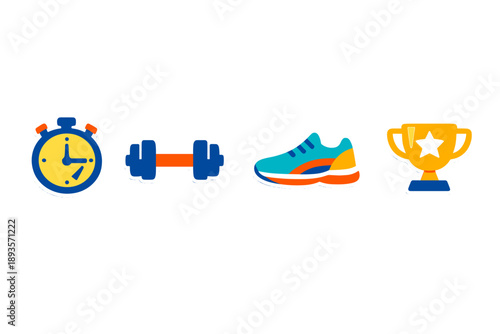 Symbols of fitness and sports displayed together showing a stopwatch, dumbbell, running shoes, and a trophy representing physical activity and competition