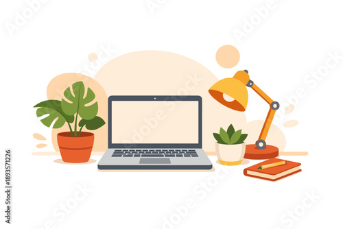 Workspace with a laptop, plants, and a desk lamp on a simple background during daytime hours at home or an office