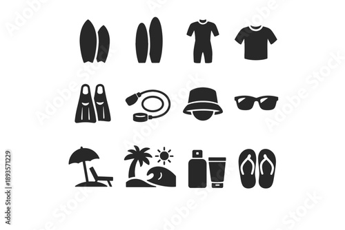 Collection of summer vacation and beach activity icons on a white background