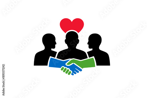 People shaking hands to show support and connection with a heart symbol above them representing unity and friendship in a simple design