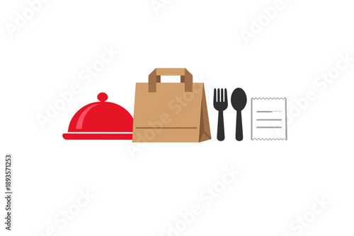Food delivery setup with a takeout bag, utensils, and receipt on a white surface in a simple and organized manner