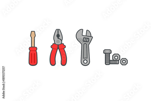 Tools are arranged in a line showing a screwdriver, pliers, a wrench, and bolts with nuts in simple design suitable for carrying out tasks or repairs
