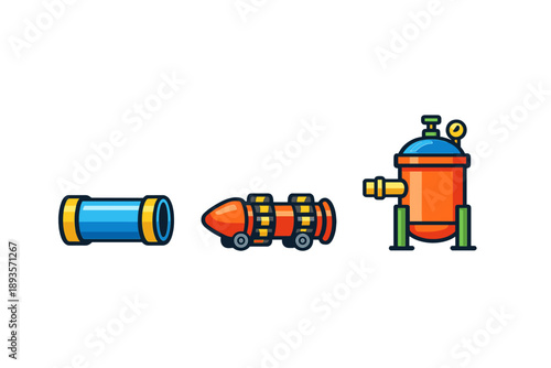 Illustration shows three different types of pipes and a tank used in a mechanical or engineering context, representing basic components of a plumbing system or industrial setup