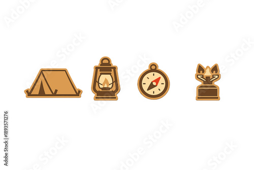 Camping items are shown with a tent, lantern, compass, and campfire symbol for outdoor activities in various locations and times throughout the year