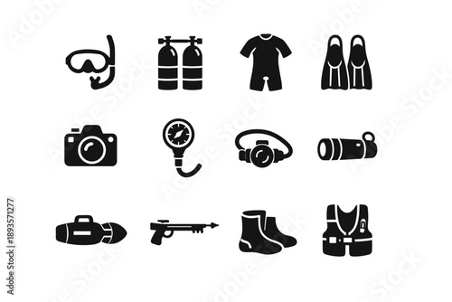 Collection of black diving equipment icons on a white background for underwater exploration