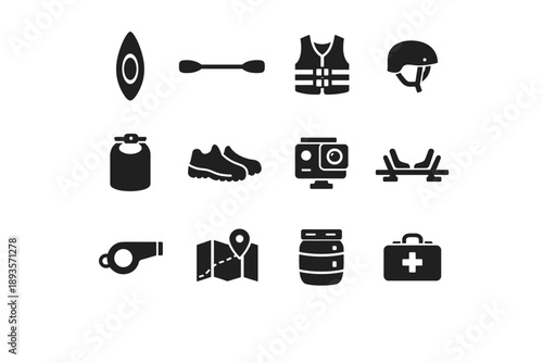 Collection of black icons representing outdoor adventure and water sports equipment
