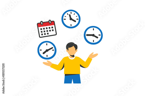 Person juggles multiple clocks and a calendar while managing time and schedules in a simple graphic design