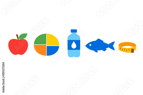 Symbols representing healthy choices with an apple, pie chart, water bottle, fish, and measuring tape displayed in a row
