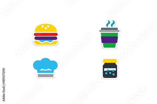 Different types of food and drinks represented as colorful icons showing a burger, drink, chef hat, and jar in a simple design